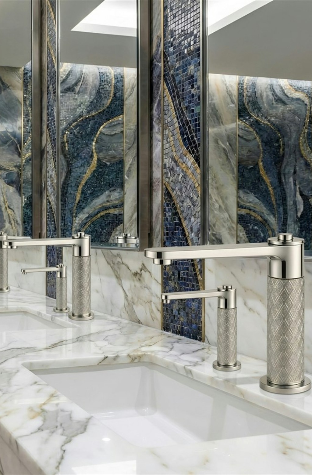 Modern government restroom with touchless faucet stations and durable commercial sink fixtures