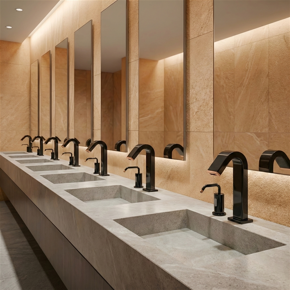 Government procurement package with fixture datasheets, compliance forms, and commercial restroom schedules