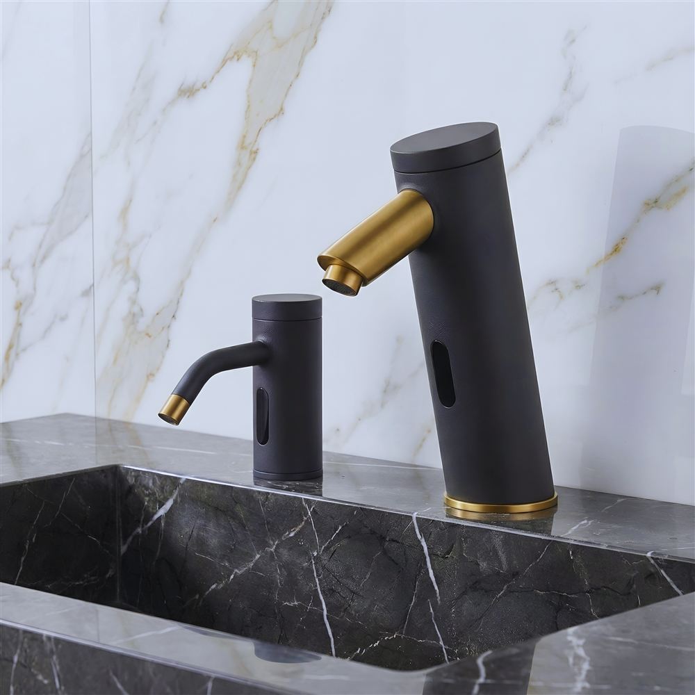 Close-up of a commercial sensor faucet installed in a civic or municipal washroom