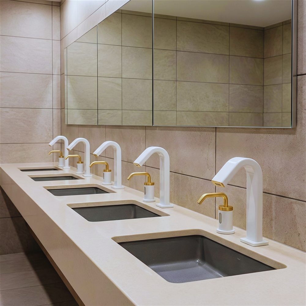 Modern airport restroom with commercial touchless faucets installed over a row of lavatory sinks