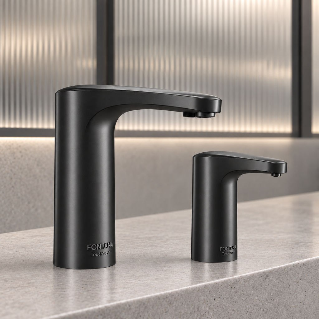 Coordinated commercial touchless faucet and soap dispenser in matte black
