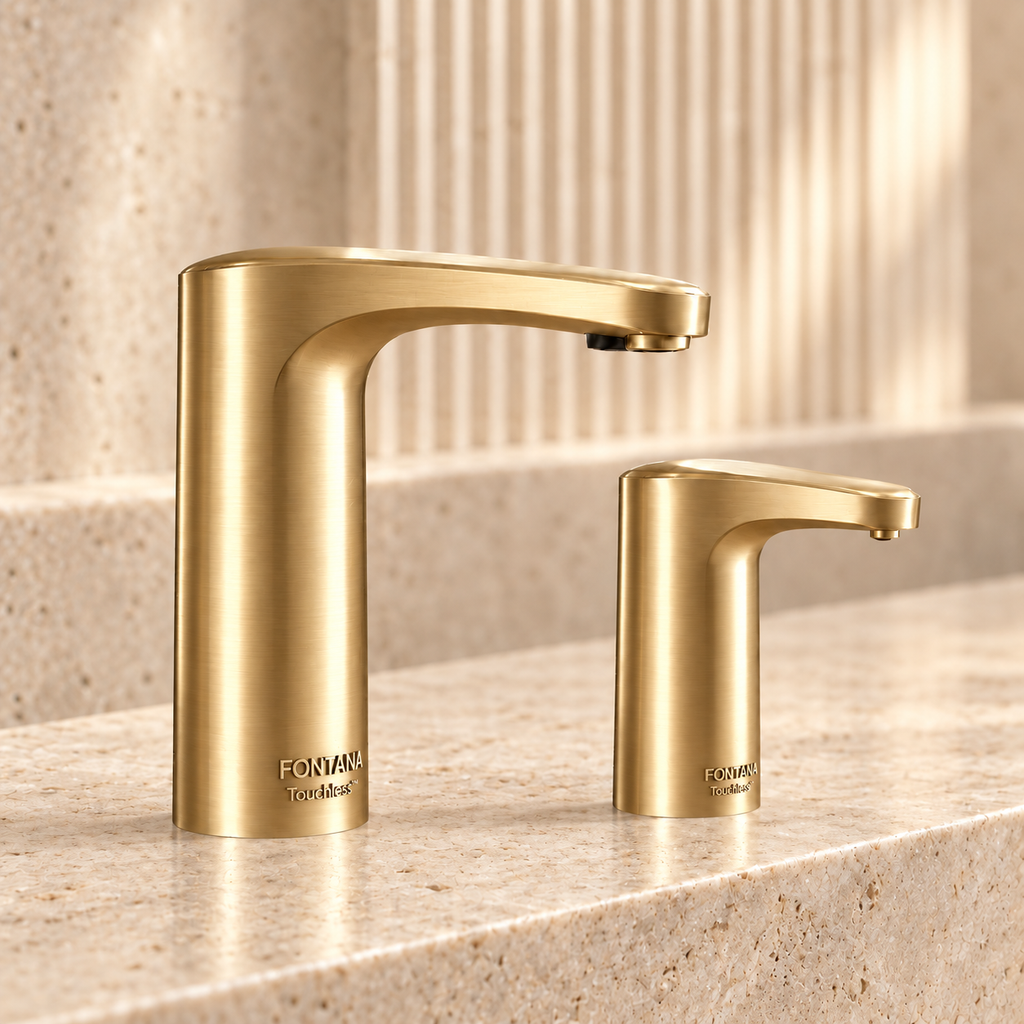 Coordinated commercial touchless faucet and soap dispenser in brushed gold