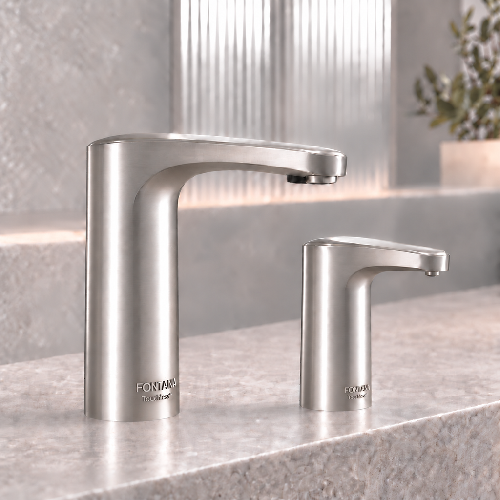 Coordinated commercial touchless faucet and soap dispenser in brushed nickel