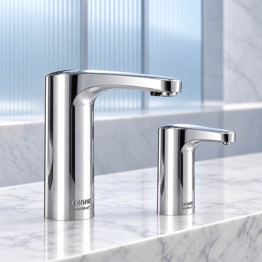 Coordinated commercial touchless faucet and soap dispenser in polished chrome